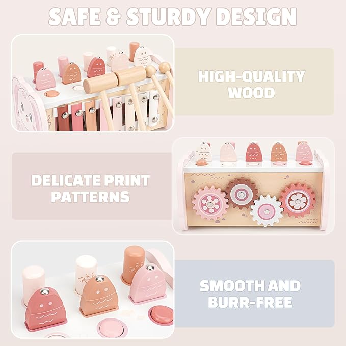 Joyreal Montessori Toys for 1 Year Old Girl Gift - Pink Wooden Hammering Pounding Toy with Xylophone & Fishing Game - Toddler Learning Activities for Kids 1+ 2 3 Year Old Christmas Birthday Gifts