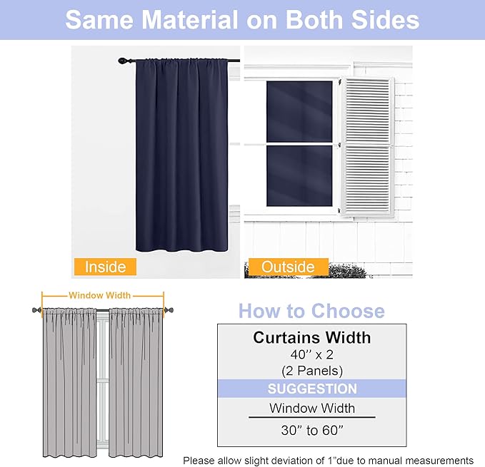 Simplebrand Ava Navy Blue Blackout Curtains for Bedroom 90 Inches Long 2 Panels Set, Solid Privacy Energy Saving Living Room Window Treatment Curtains Blackout Drapes, W40 x L90 Inch, Navy Blue