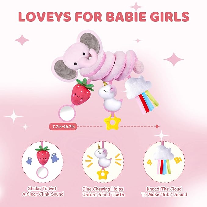 Stuffed Spiral Car Seat Toys for Baby Girls 0-6 Months, Perfect Newborn Gifts for Girls Essentials, Cute Pink Elephant Plush Items