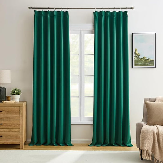 KEQIAOSUOCAI Dark Hunter Green Window Draperies 108 Inches Long 9 FT Tall, Pinch Pleat Room Darkening Thermal Insulated Curtains for Living Room Emaerald Green 40 x 108-inch 2 Panels