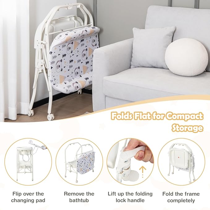 HONEY JOY Baby Changing Table with Bathtub, Foldable Infant Diaper Changing Station with Wheels, Storage Tray, Waterproof Pad, Portable Newborn Nursery Organizer Bath Stand for Boys Girls (White)