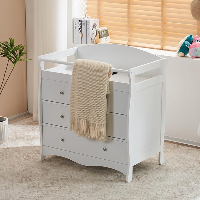 3-Drawer Changing Table, Safety Rails & Strap, Infant Diaper Changing Station with Drawers, Baby Diaper Changing Table Dresser for Nursery, Easy Assembly (White)