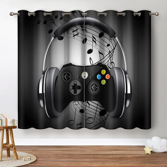 Jekeno Game Controller Blackout Curtains for Kids Boys Bedroom Black Grey Headphones Musical Notes Gamer Gaming Video Games Gamepad Decor Room Darkening Grommet Window Drapes 2 Panel Set, 42"x63"