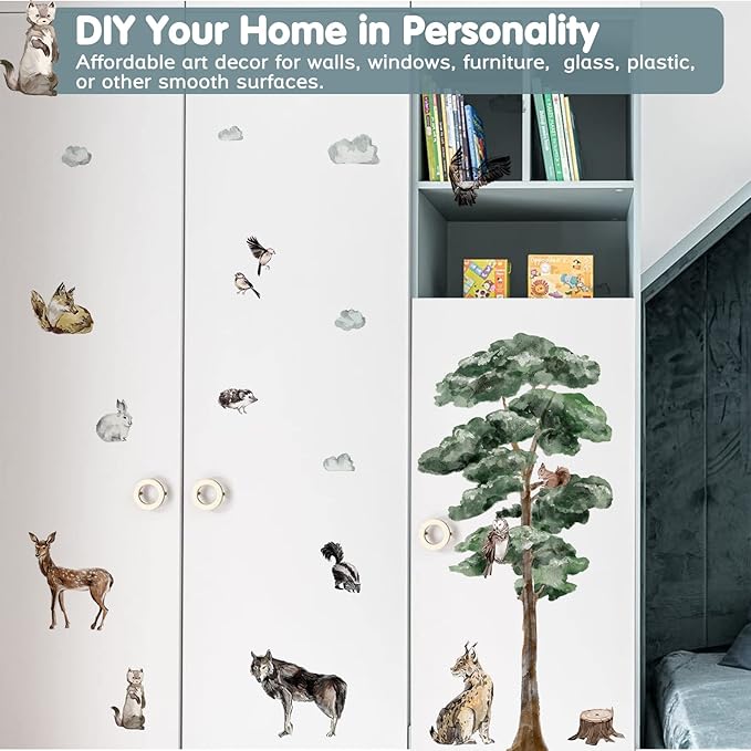 Large Woodland Animal Creature Wall Decals Peel and Stick Vinyl 52in Forest Pine Tree Animal Wall Decals Watercolor Jungle Safari Animal Wall Stickers Decor for Nursery Kids Room Toddler Baby Bedroom