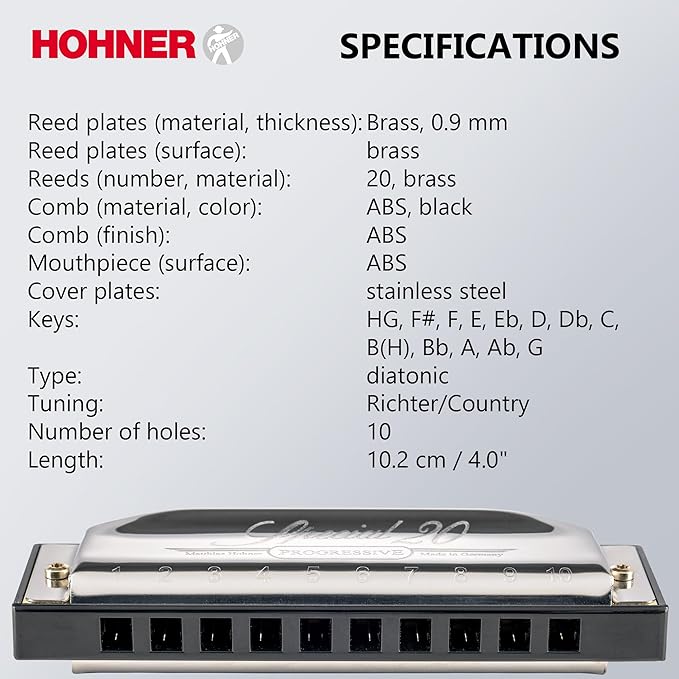 Hohner Special 20 Harmonica - Key of C Bundle with Zip Case, Instructional Manual, and Austin Bazaar Polishing Cloth