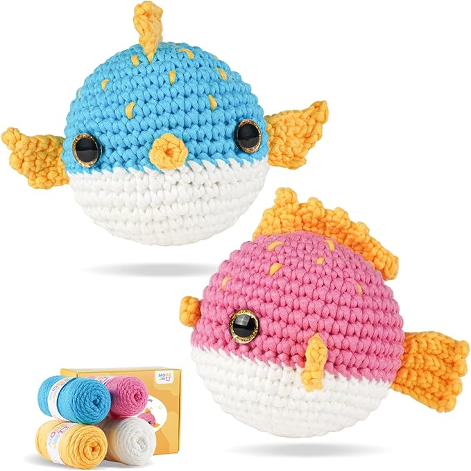 Crochet Kit for Beginners, Learn to Crochet, Include Easy Knitting Soft Yarn, Step-by-Step Video Tutorial, Hook, Holiday Birthday Gift for Adults and Kids(2 Pack Blowfish)