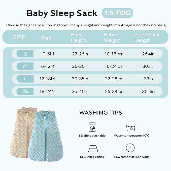 JELLYMONI Fleece Baby Sleep Sack 12-18 Months, 1.5 Tog Warm Winter Baby Wearable Blanket with Plush Dots and 2-Way Zipper, Cotton Toddler Sleep Sack