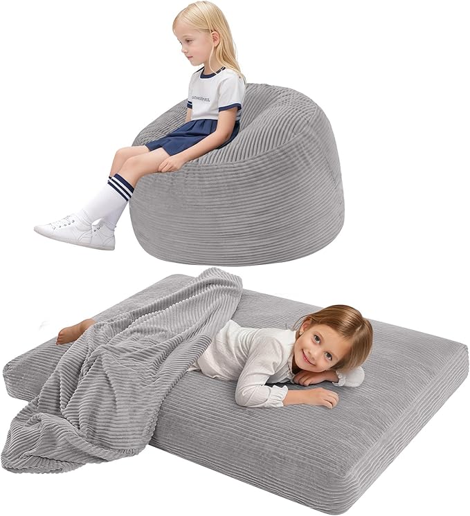 COMAX Kids Bean Bag Chair Turn into Beanbag Bed, Toddler Bean Chair Corduroy for Girl Boy Sleeping, Lazy Children Bean Bags with Filler, Convertible Child Floor Mattress, Light Grey
