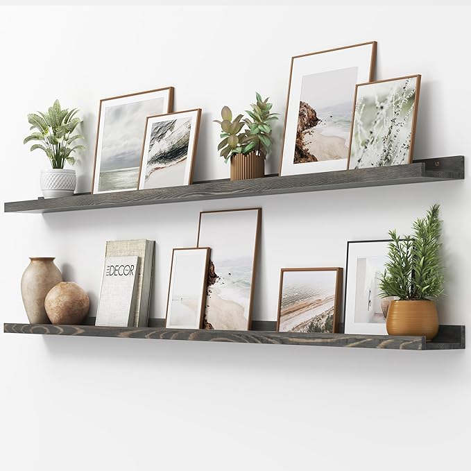 Picture Ledge Shelf, Floating Shelves Set of 2, Solid Pine Wood 72'' Long Large Nursery Book Shelves for Toys Storage, Kids Bookshelf for Living Room Bedroom Decor Books Photo Frames, Grey