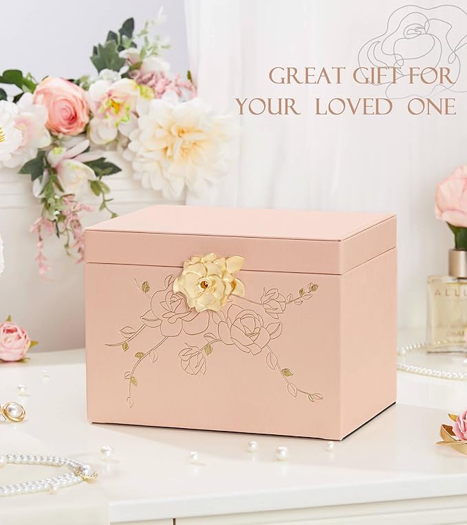 Jewelry Box with Lock for Girls: Jewelry Organizer for Dresser - 3-Drawer Earrings Storage Girls Women Gift (Peach Pink)
