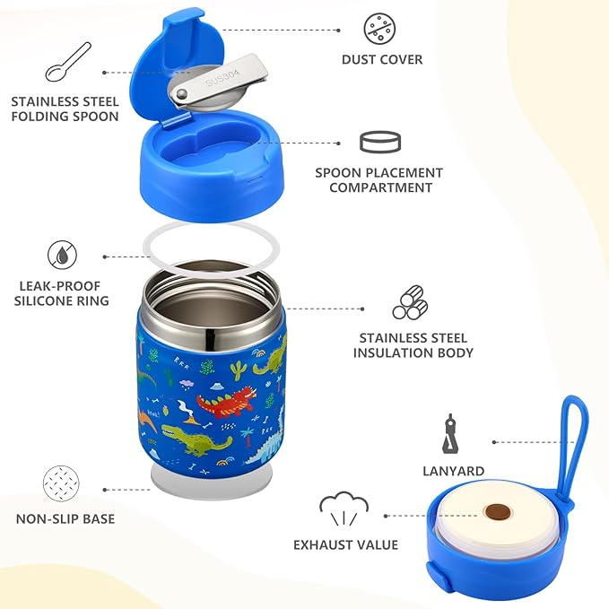 17oz Soup Thermo for Hot Food Kids Insulated Vacuum Food Jar with Stainless Steel Spoon Wide Mouth Thermo Leakproof Lunch Food Container Kids Hot Lunch Box (Blue-Dinasour)