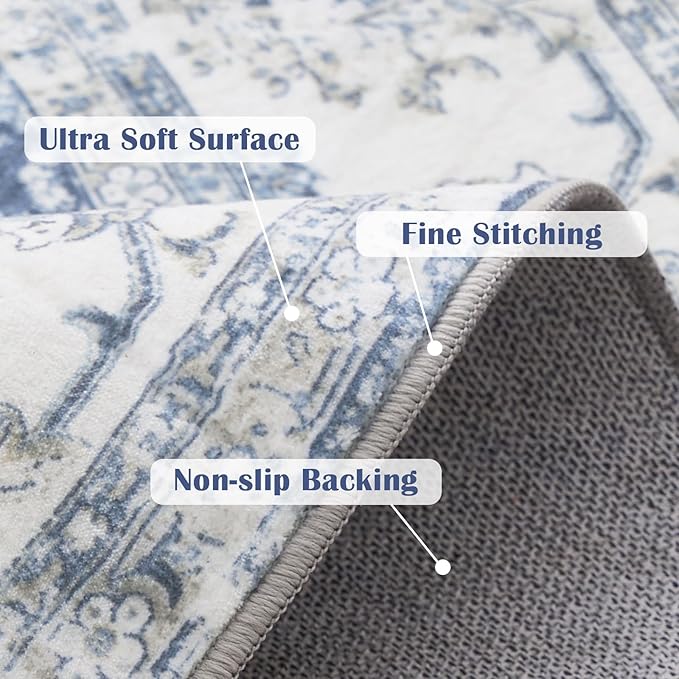 jinchan Round Rug 8ft Area Rug - Dark Blue Vintage Floor Mat Kitchen Indoor Ultra-Thin Soft Floral Print - Washable Circle 8' Retro Accent for Farmhouse Non Slip Dining Room Living Room Bedroom Office