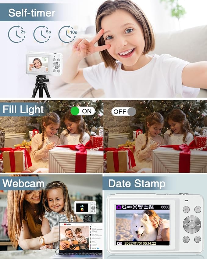 Digital Camera, Kids Camera FHD 1080P Point and Shoot Camera with 16X Zoom Anti Shake, Small Compact Camera for Teen Starter Children Kid Student Girl Boy(Pearl White)