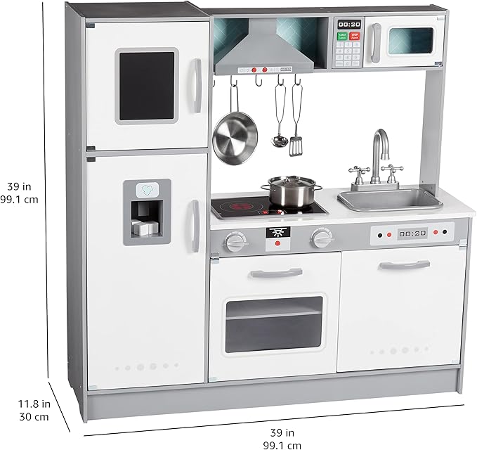 Amazon Basics Kids Kitchen Set, Play Kitchen Toy Playset for Toddlers, Preschoolers, 39"L x 11.8"W x 39"H, White & Gray