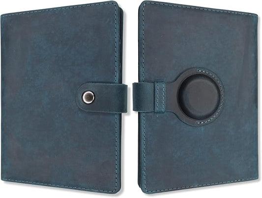 Genuine Leather AirTag and Moto Tag Passport Holder and Wallet for Men and Women RFID Blocking for Secure Traveling and Documentation Organizer (Blue)