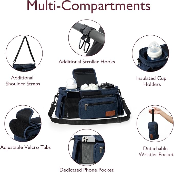 Momcozy Universal Stroller Organizer with Insulated Cup Holder Detachable Phone Bag & Shoulder Strap, Fits for Stroller like Uppababy, Baby Jogger, Britax, BOB, Umbrella and Pet Stroller