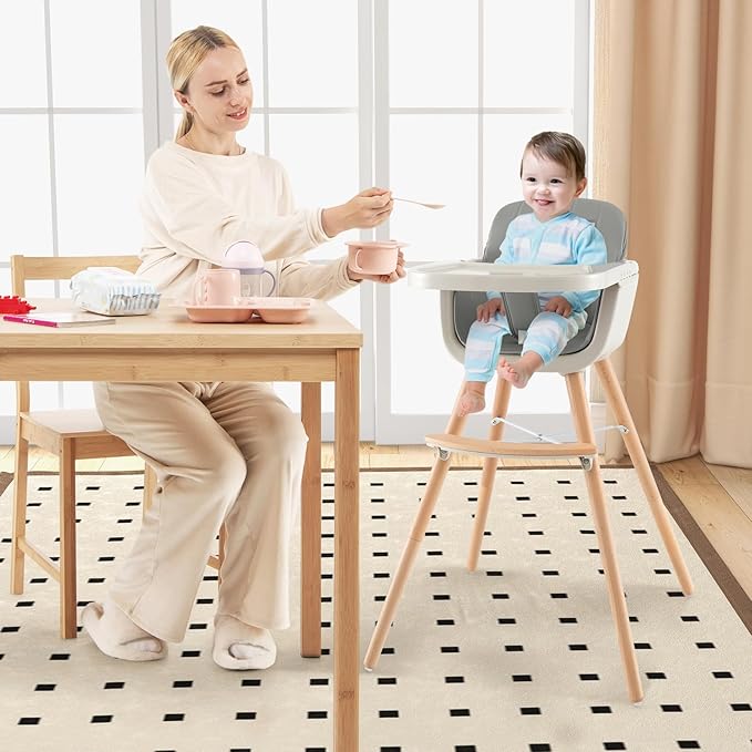 HONEY JOY High Chair, 3-in-1 Eat & Grow Wooden Highchair/Toddler Chair with Removable Tray, 5-Point Harness, PU Cushion and Footrest for Baby, High Chair for Babies and Toddlers(Gray)