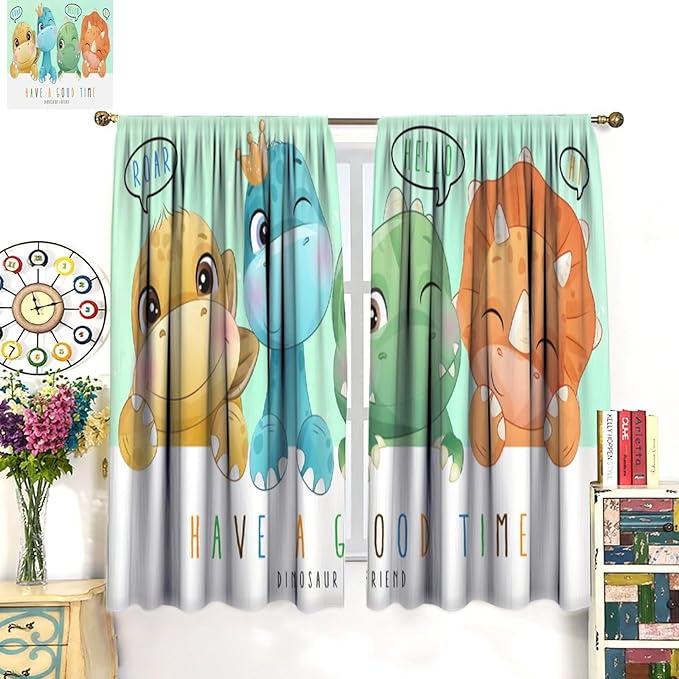 Kids Dinosaur Curtains for Boys Girls Bedroom Decor Cartoon Dino Colorful Cute Funny Animal Printed Blackout Rod Pocket Window Drapes for Baby Nursery Playroom Living Room W42xL84in 2 Panels