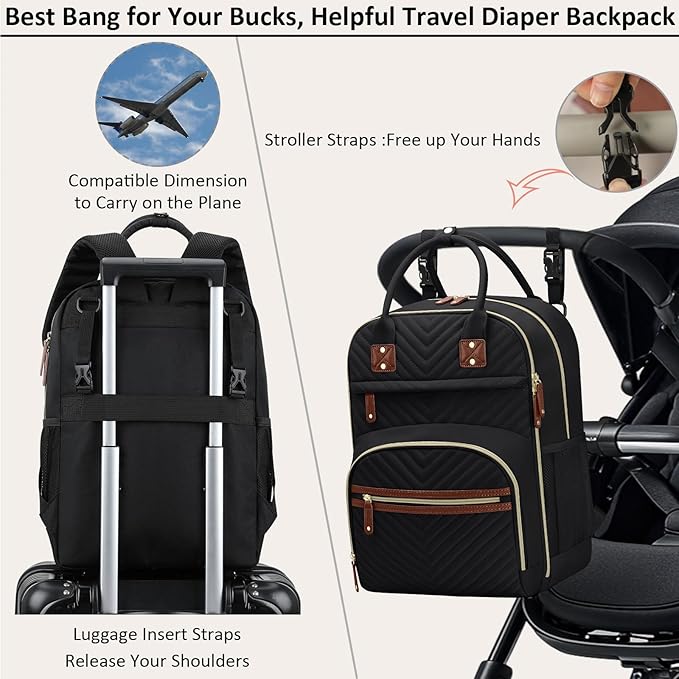 Diaper Bag Backpack for Women with Changing Pad, Baby Bag with Insulated Pockets Multifunctional Diaper Bags For Baby Girl Boy Waterproof Baby Bags For Boys Girls Maternity Bag Black