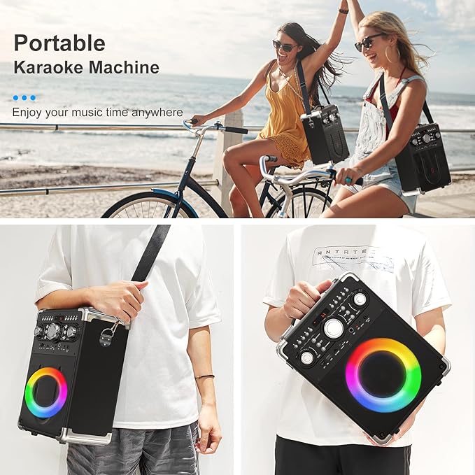 Karaoke Machine with 2 Wireless Microphones for Adults, Portable Bluetooth Party Speaker with Echo Adjustment, Singing Machine Support TWS/USB/TF Card/Guitar/TV Connected for Outdoor/Events etc