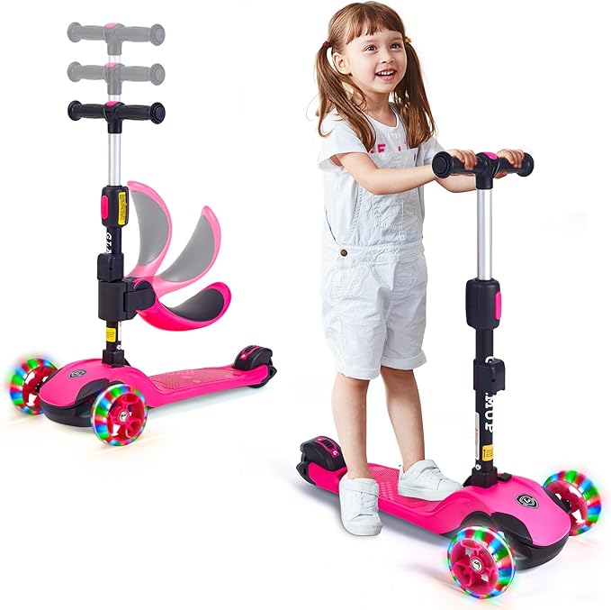 GLAMUP Kids Scooter, 2-in-1 Folding Kick Scooters, Adjustable Height, Safety Lock, 3 Wheel Kick Scooter for Boys and Girls Ages 3-14