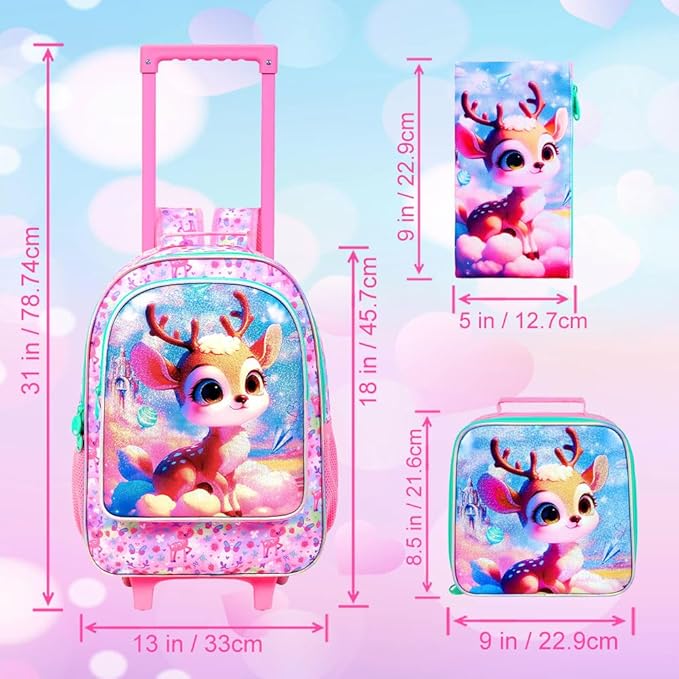 Girls Rolling Backpack, Cute Deer Roller Wheels Kids Bookbag - Wheeled Elementary School Bag - 3PCS Deer