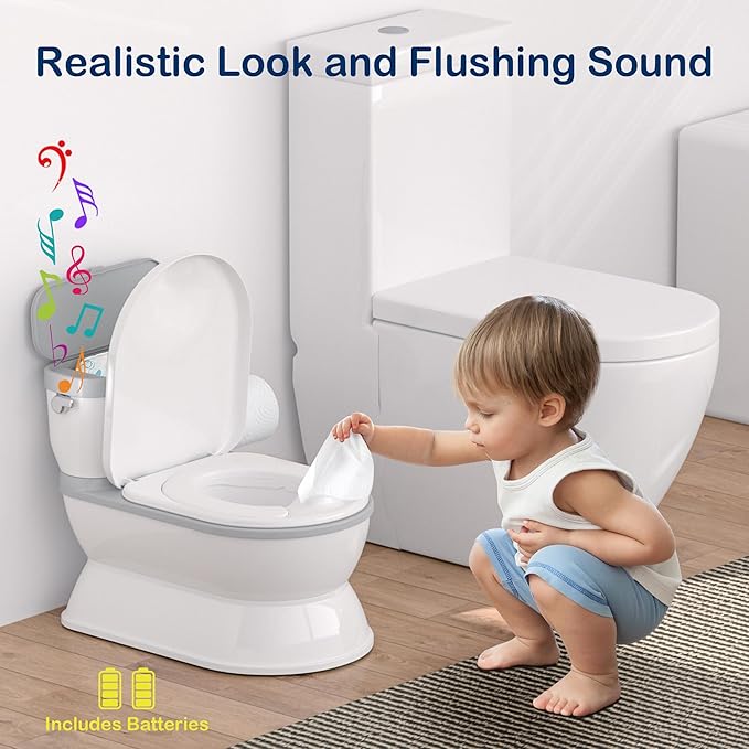 2-in-1 Toddler Potty Training Toilet - Larger Potty Chair & Detachable Training Seat for Boys & Girls Ages 1-3 with Flushing Sound, Wipes Storage, Toilet Paper Holder - Grey