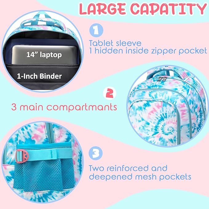 BLUEFAIRY Kids Backpack for Girls Elementary Primary Middle School Bags for Aged 8-10 for Teens Childs Bookbags Back to School Book Bags Mochilas para Niñas de 6 7 8 9 10 Años Tie-dye Blue