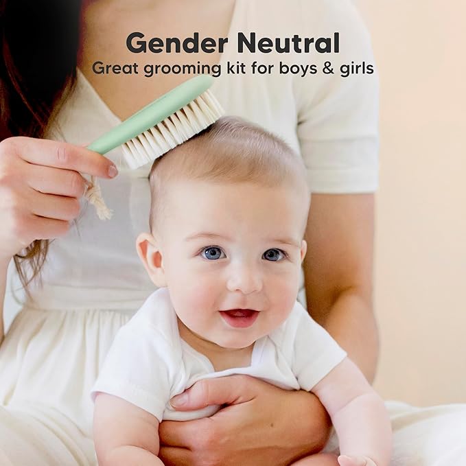 Baby Hair Brush and Comb Set for Newborn - Wooden Baby Hair Brush Set with Soft Goat Bristle, Baby Brush Set for Newborns, Baby Brush and Comb Set Girl, Boy, Toddler Cradle Cap Brush (Oval, Sage)