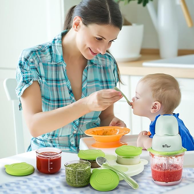 Bear Baby Food Maker, Baby Food Processor Set with Baby Food Containers, Silicone Spoons, Baby Food Puree Blender for Fruit, Vegetable, Meat, Make Fresh and Nutritious Meals for Your Little One