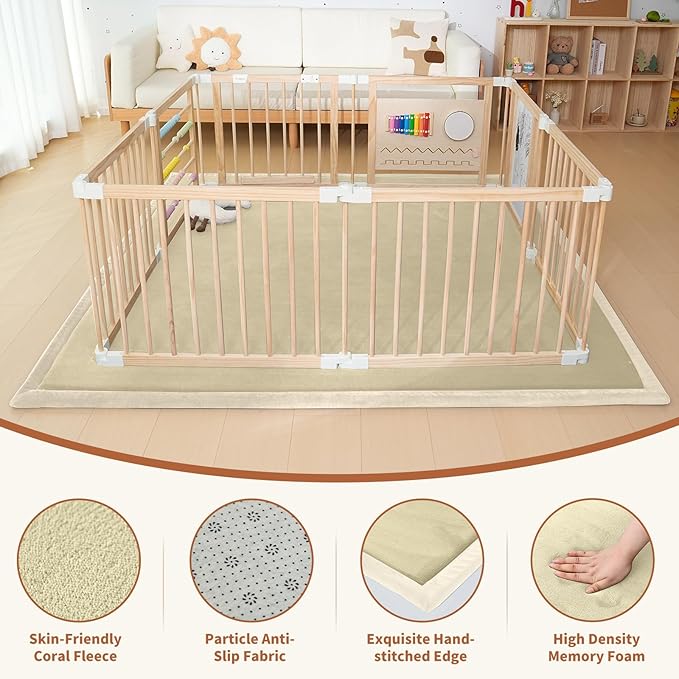 SUNYRISY Baby Play Mat for Floor 60 x 70in, 1.4in Thick Memory Foam Padded Play Mats Baby Rug, Soft Velvet Infants Toddler Kids Crawling Mat for Nursery, Non-Slip Bottom, Beige