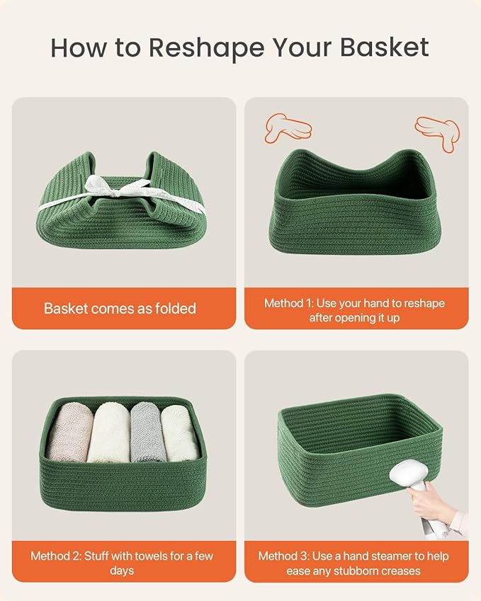 KALLAX Small Woven Basket, 12 x 8 x 4.5 Inches, Storage Basket for Organizing, Cute Small Rope Shelf Closet Cube Storage Bins Baskets for Shelves, Dog Toy Gift Baskets Empty, 3 Packs, Green