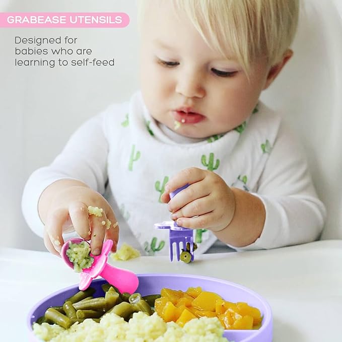 Grabease Baby Spoons Baby Led Weaning Supplies Toddler Forks Feeding, BPA-Free & Phthalate-Free for & Toddler, 2 Sets, Blush and Lavender