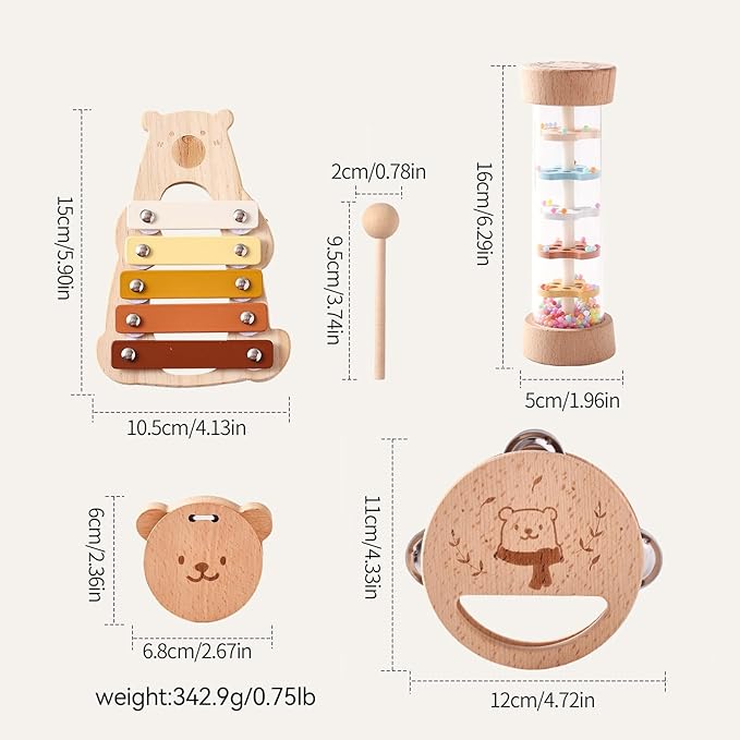 IEATFO Baby Musical Instruments - Your Child's First Musical Toys with Castanet Rainmaker Tambourine Xylophone - Baby Friendly Design Wooden Instruments Set Grow with Your Boys and Girls