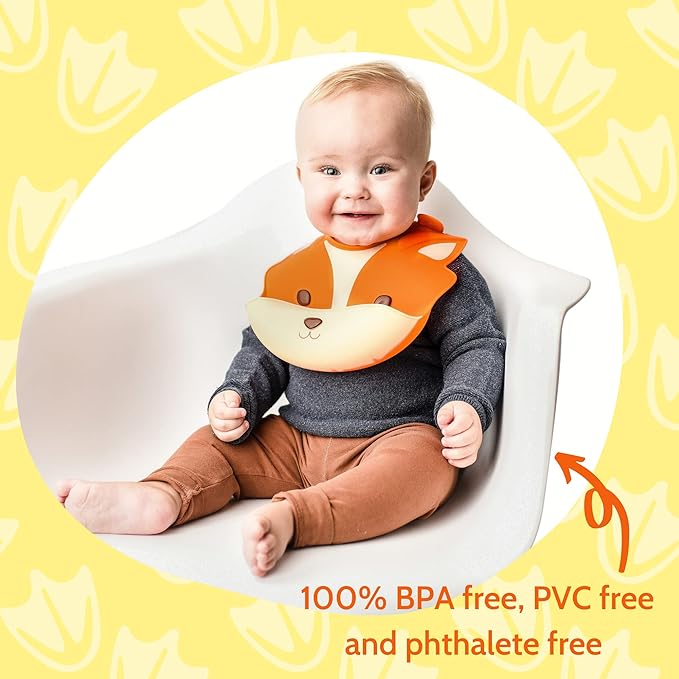 Silly Goose Set of 3 Silicone Animal Baby Bibs for Babies and Toddlers, Waterproof, Adjustable, Soft, Extra Wide Food Catcher Pocket (3PK Fox+Bear+Hippo)