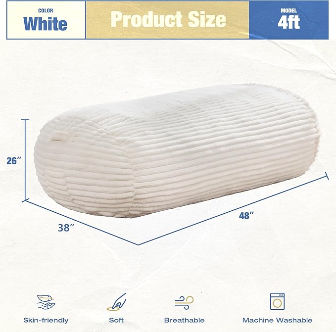 Hobestluk 4FT Bean Bag Chairs Adult Bean Bag with Portable Handle Comfy Large Bean Bag Chair with Removable Cover for Living Room Bedroom or Reading Nook (Stripe White, 4FT)