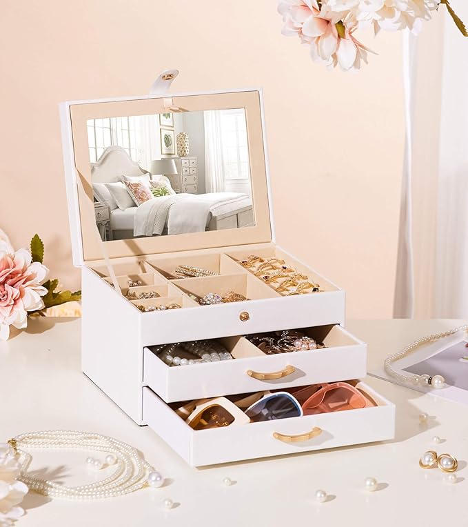White Jewelry Box Organizer: Home Decor for Women - 2-Drawer Holder for Valentine’s Day Birthday Christmas White Grey-Purple