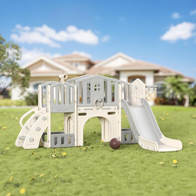 KORIMEFA Toddler Slide Set, 8 in 1 Kids Slide, Indoor Outdoor Slide for Toddlers Age 1-3, Toddler Playset with Basketball Hoop and Tunnel, Toddler Indoor Outdoor Playground