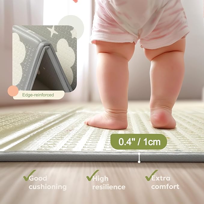 Extra Large Foldable Play Mat, Reversible Baby Play Mat with Edge Reinforcement, Non-Toxic & Waterproof Baby Mat for Floor, Foam Playmat for Infants Toddlers, Rainbow, Cloud & Moon, 50''x50''