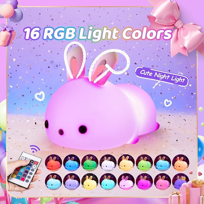 One Fire Night Light for Kids Room, Timer Baby Toddler Nursery Animal Battery Remote Kawaii Night Lamp, Cute Decor Easter Bunny Gift/ Basket Stuffers Decoration
