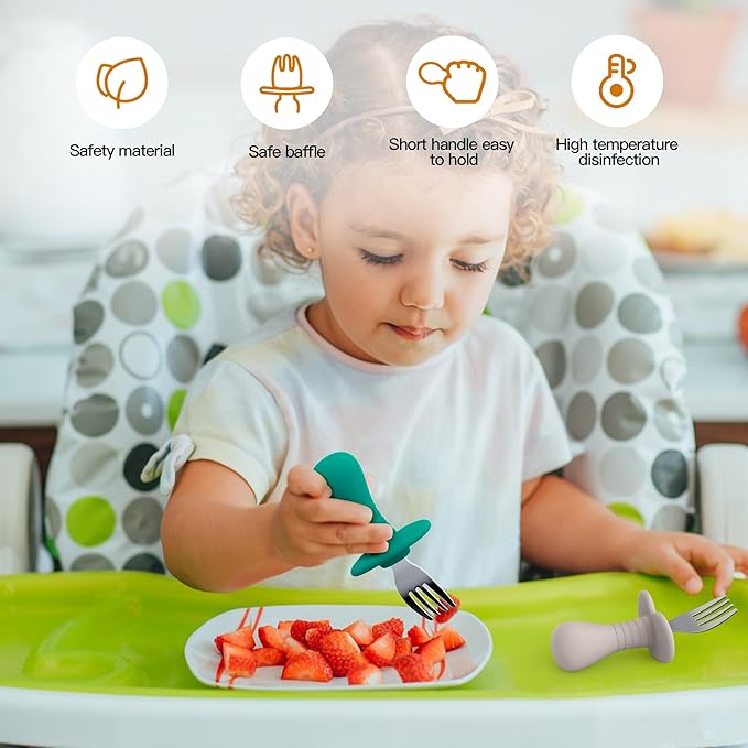 Baby Fork Toddler Forks for Self Feeding, Kids Forks with Silicone Round Handle, Stainless Steel Toddler Utensils Children Safe Silverware Set, Anti-Choke Design, BPA Free - Pink