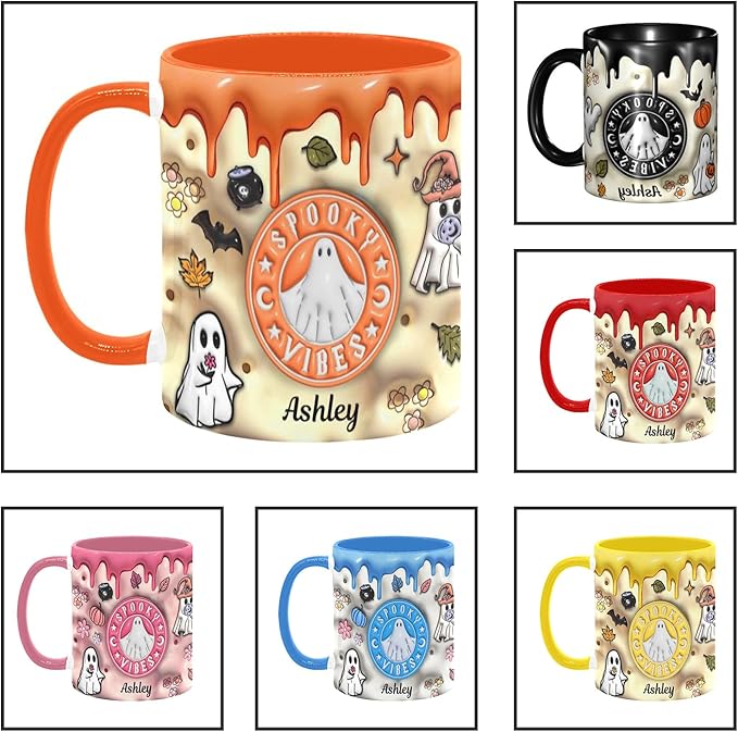 Personalized Halloween Mugs with Names, Halloween Pumpkin Coffee Mug, Custom Ghost Accent Mug Spooky Halloween Gifts For Women Men Friends Family Spooky Season Gift Fall Mug 11 Oz