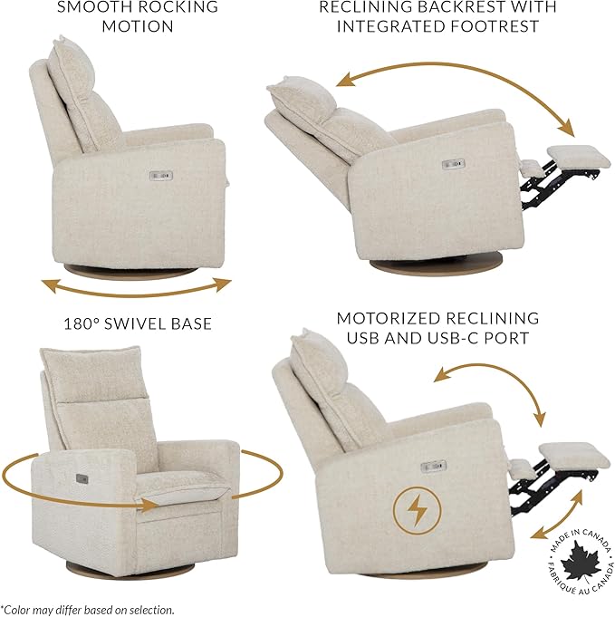 Arya Modern Nursery Chair Glider Recliner with 180° Swivel - Cozy Motorized Reclining Nursing Chair with USB Ports, Gentle Motion, Ergonomic Design, Canadian-Made (Heather Grey/ARLO Fabric)