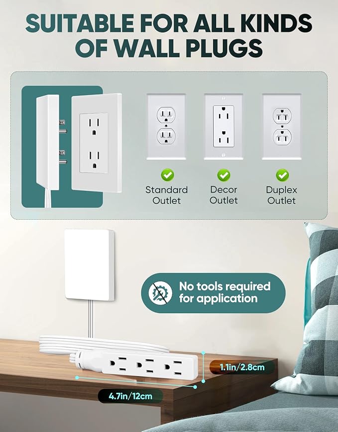 Outlet Concealer Power Strip-Outlet Cover Extender with 3AC Outlets-10ft Flat Plug Extension Cord,Universal Size,1625W for Kitchen, Home and Office,Child & Pet Safe(Dual 10 Foot)
