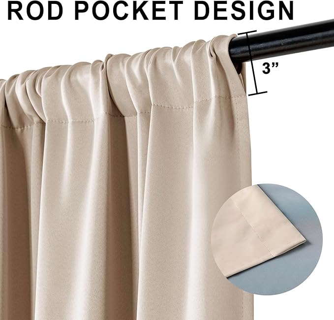 XWZO 100% Blackout Curtains for Bedroom, Thermal Insulated Black Liner, Noise Reducing and Heat Blocking Drapes for Hall and Studio Windows with Tiebacks, Biscotti Beige, W60 x L63, Set of 2