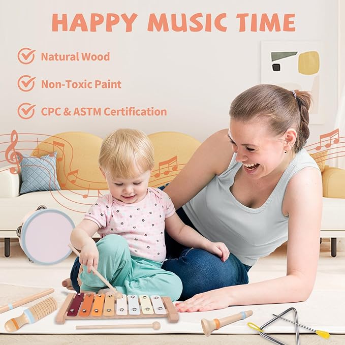 Baby Musical Instruments Set - Montessori Wooden 18 Month Old Baby Musical Toys, Toddler Percussion Instruments Xylophone Maracas Tambourine for Kids, 2 3 4 Year Old Baby Girls Boys Birthday Gifts