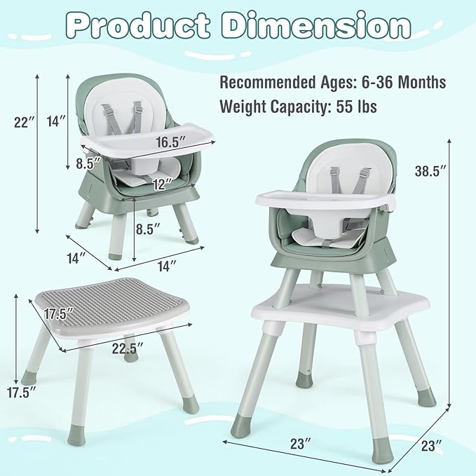 HONEY JOY 8 in 1 Baby High Chair, Convertible Highchair for Babies and Toddlers/Table and Chair Set/Building Block Table/Booster Seat/Stool/Toddler Chair with Safety Harness (Green)