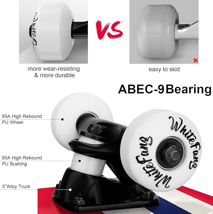 WhiteFang Skateboards for Beginners, Complete Skateboard 31 x 7.88, 7 Layer Canadian Maple Double Kick Concave Standard and Tricks Skateboards for Kids and Beginners
