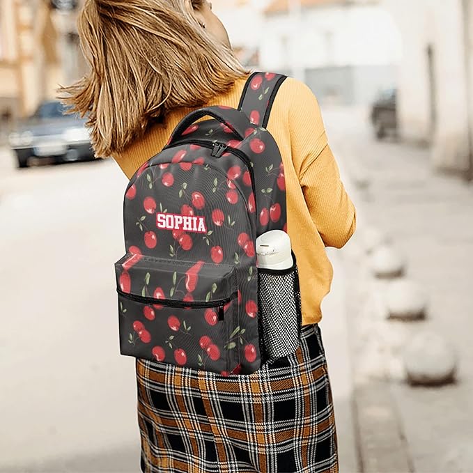Red Cartoon Cherry Custom Kids Backpack 16.5 Inch for Boy Girl, Personalized Waterproof Child School Travel Bag with Name