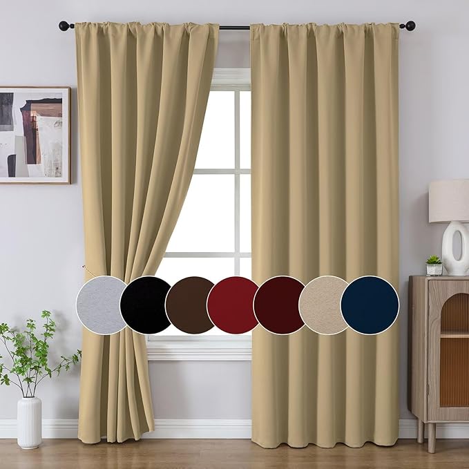 Joydeco Blackout Curtains 108 Inches Long, Thermal Insulated Black Out Curtains 2 Panels Set, Room Darkening Drapes for Living Room Window Rod Pocket Back Tab (W52 x L108 Inch, Beige)